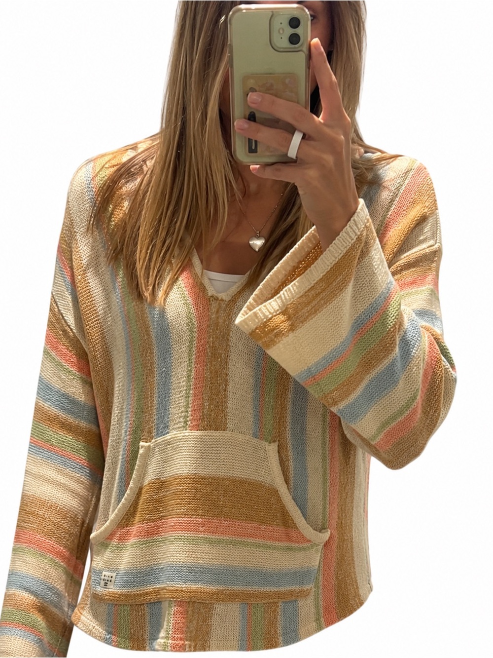Billabong Cream Multi-Stripe V-Neck Hoodie Sweater
